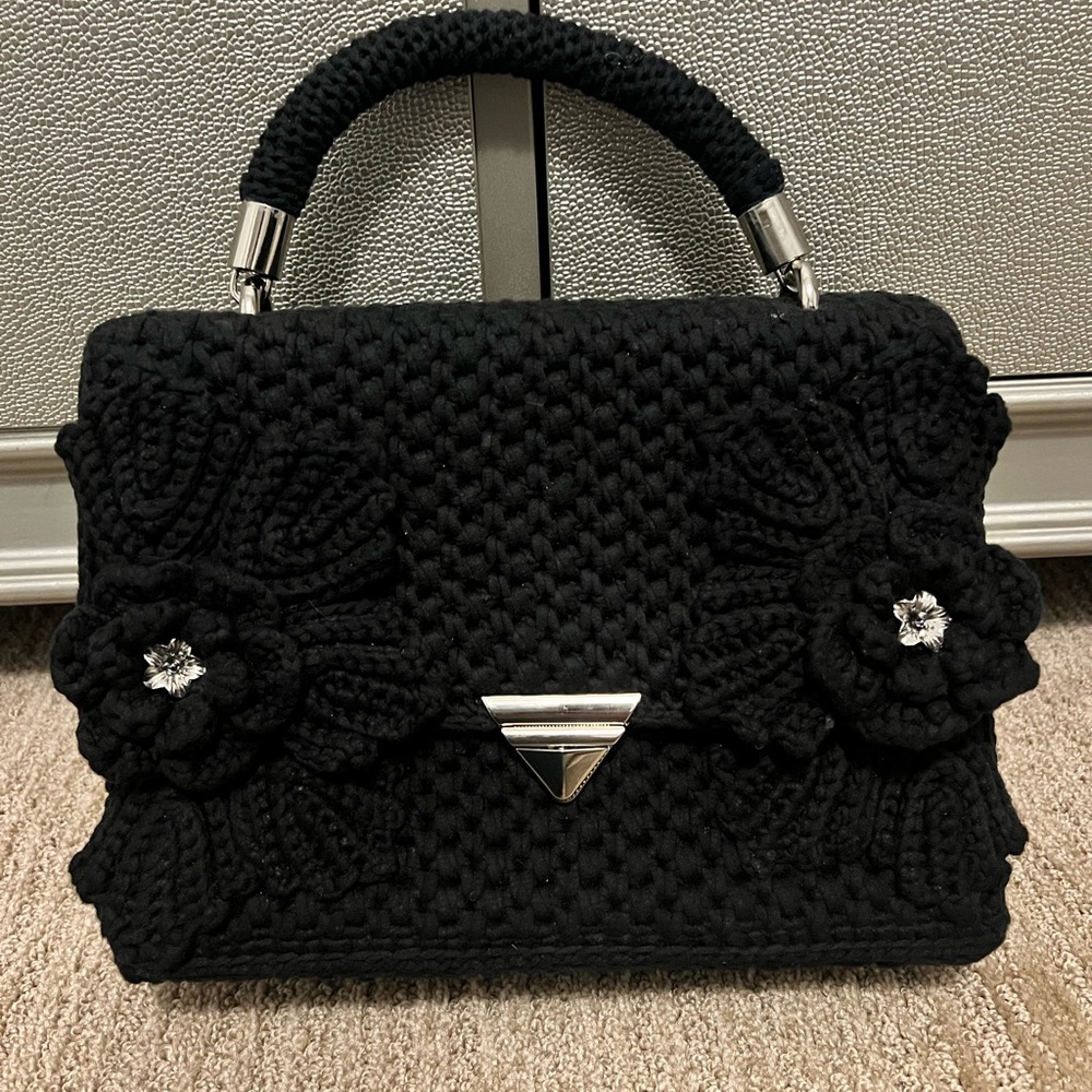 Stylish Black Knit Satchel with Floral Details